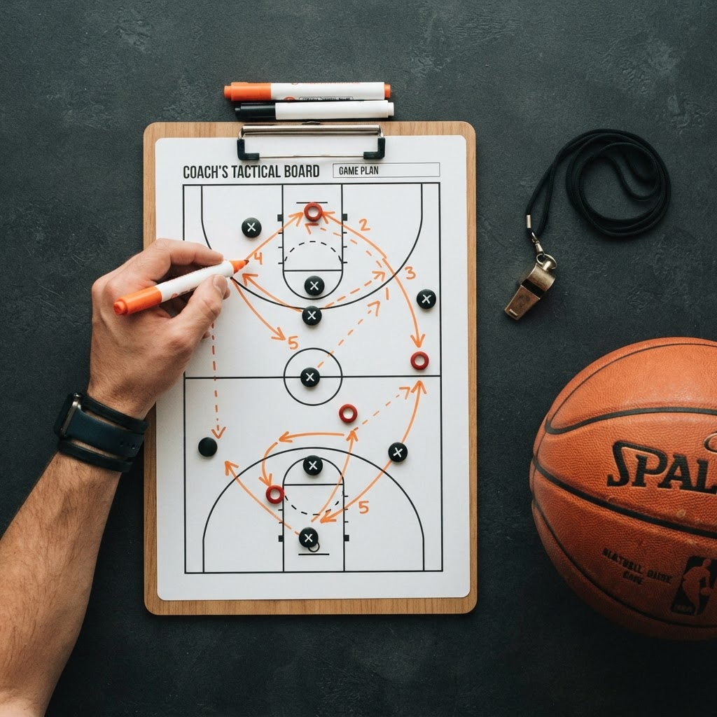 Prancheta táctica com jugadas de baloncesto dibujadas